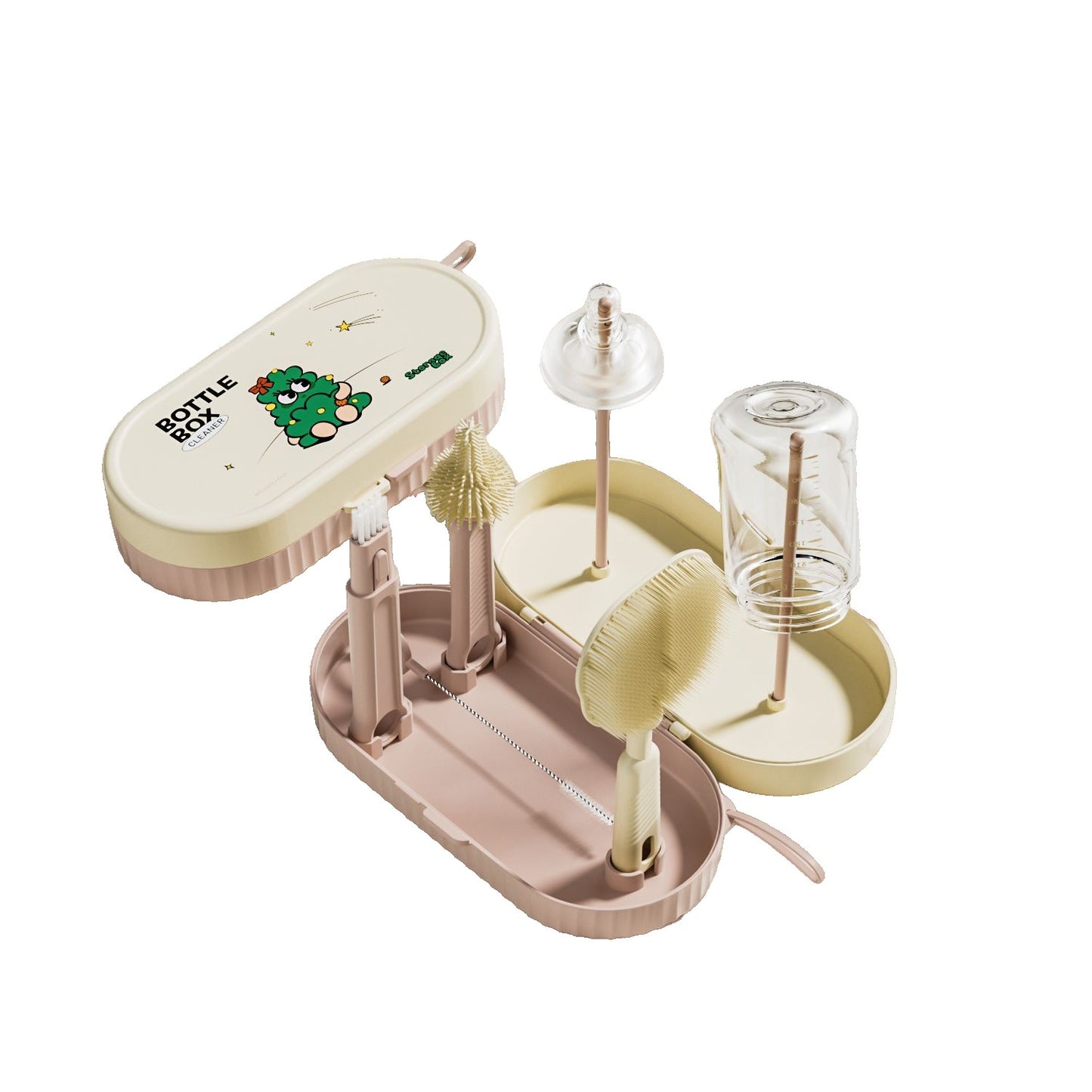 Set 7 Piese de Spalat/Uscat Biberoane, Flippy, Portabil, Peri de Silicon, pentru Tetine, Suzete, Biberoane, Paie, Cutie Inclusa, 20 x 9.5 cm, Roz