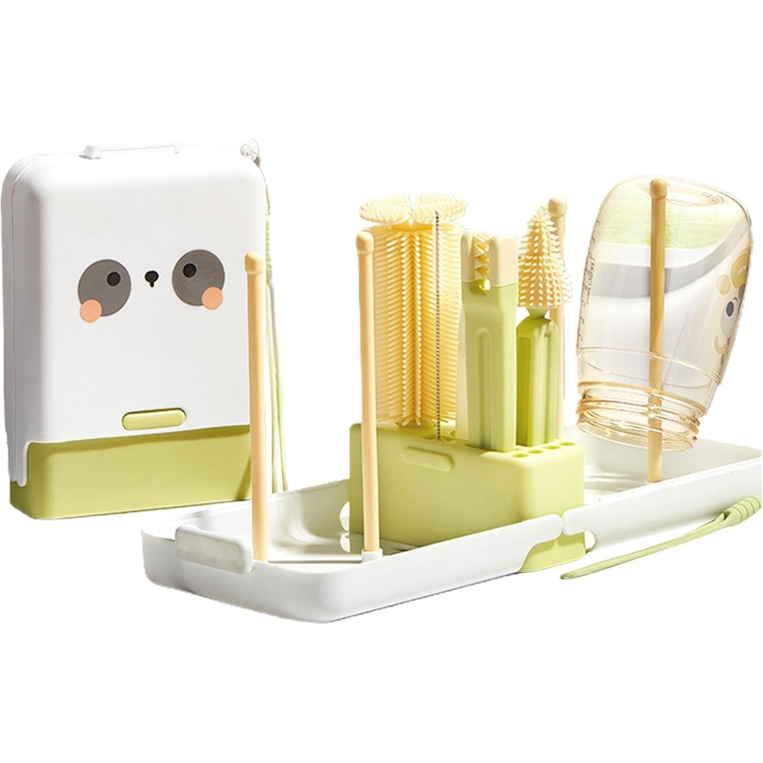 Set 7 Piese de Spalat/Uscat Biberoane, Flippy, Portabil, Peri de Silicon, pentru Tetine, Suzete, Biberoane, Paie, Cutie Inclusa, 16.8 x 12 x 5 cm, Model Panda, Verde