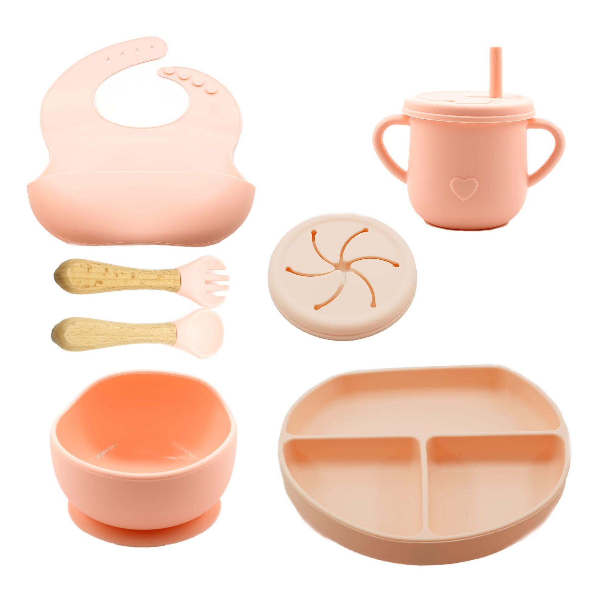 Set 8 piese diversificare bebelusi si copii din silicon Flippy, baveta, farfurie compartimentata cu ventuza, bol cu ventuza, tacamuri din lemn si silicon, cana pentru gustari, fara alergeni, roz