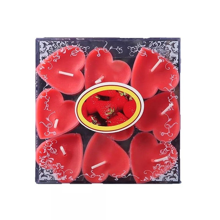 Set 9 Lumanari in Forma de Inima, Flippy, pentru Ziua Indragostitilor, Aroma de Capsuni, Ardere 3.5 h, din Parafina, 4 x 2 cm, Rosu