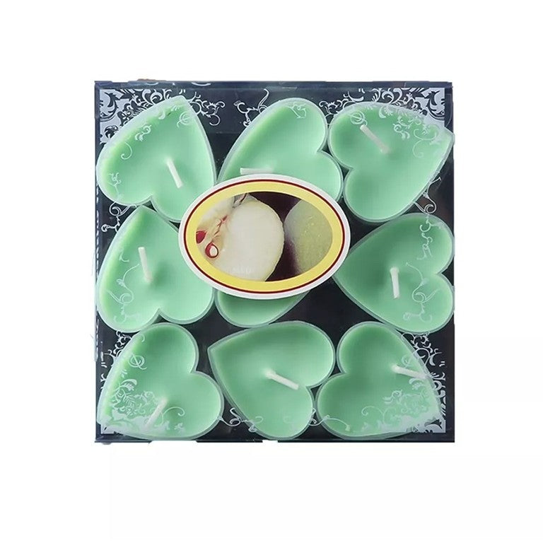 Set 9 Lumanari in Forma de Inima, Flippy, pentru Ziua Indragostitilor, Aroma de Mar, Ardere 3.5 h, din Parafina, 4 x 2 cm, Verde