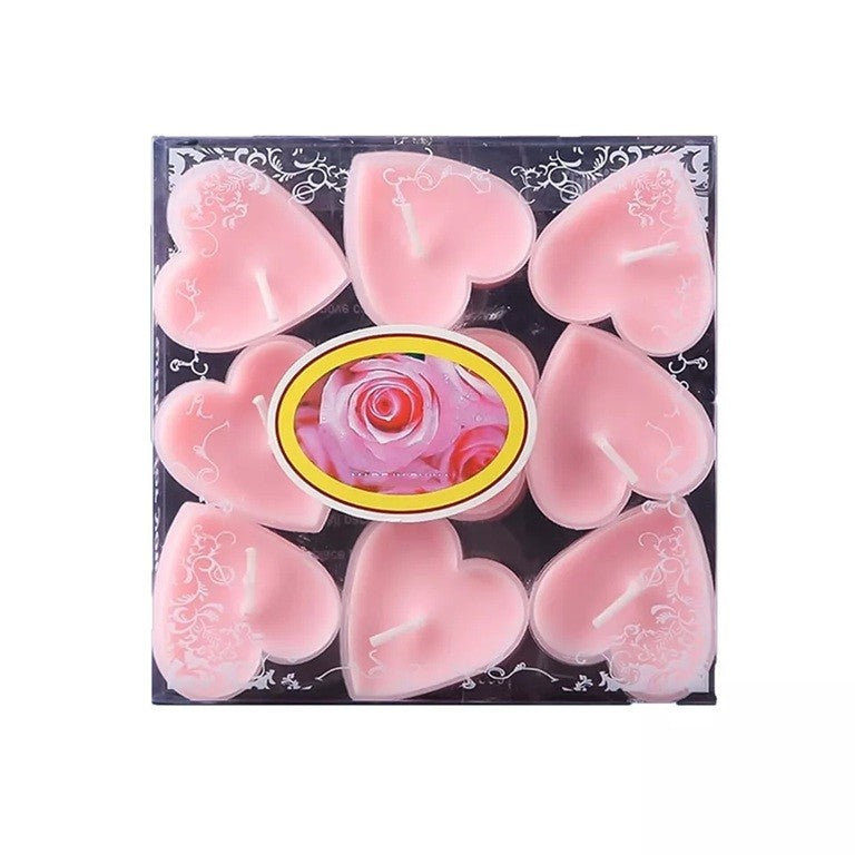 Set 9 Lumanari in Forma de Inima, Flippy, pentru Ziua Indragostitilor, Aroma de Trandafiri, Ardere 3.5 h, din Parafina, 4 x 2 cm, Roz