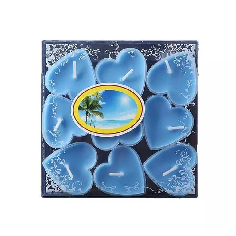 Set 9 Lumanari in Forma de Inima, Flippy, pentru Ziua Indragostitilor, Aroma Tropicala, Ardere 3.5 h, din Parafina, 4 x 2 cm, Albastru