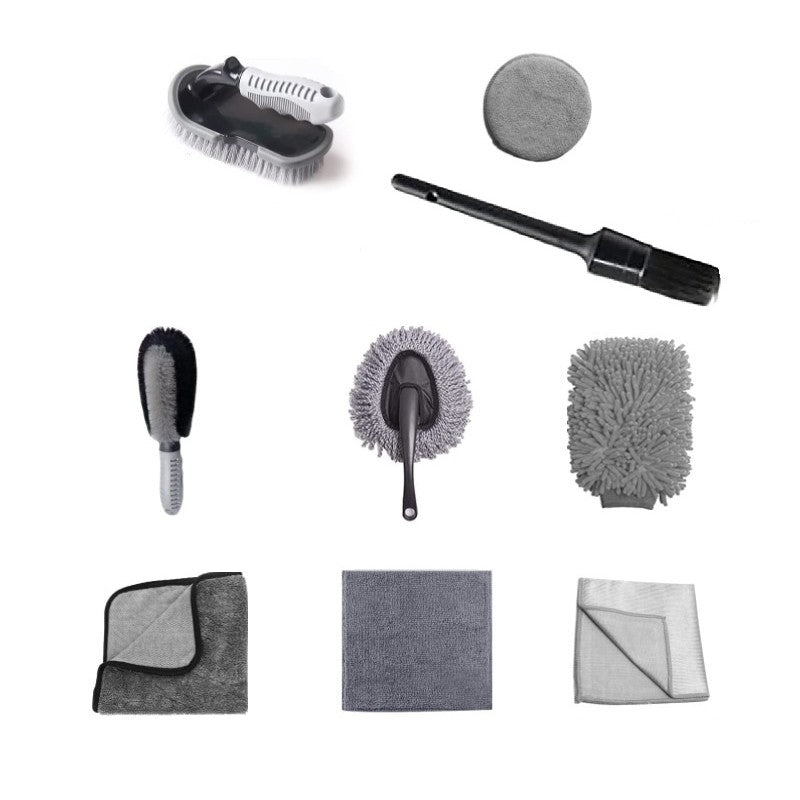 Set 9 Piese pentru Spalat Auto, Flippy, din Plastic si Microfibra, Perii si Lavete, Model B, Gri