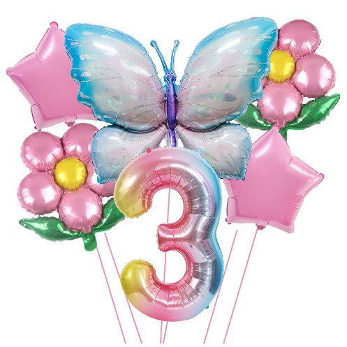 Set baloane aniversare cu numere, din folie de aluminiu, 6 piese, 2 flori, 2 stelute, 1 fluture, 1 cifra, Multicolor, Cifra 3