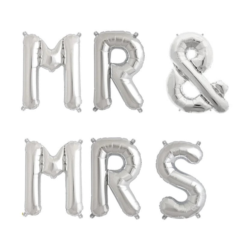 Set Baloane din Folie Metalizata, Flippy, Figurine Litere, Model MR&MRS, Tema Nunta, 40 cm, Baloane Party, Ambalaj Individual, Pai inclus, Umflare cu Aer sau Heliu, Argintiu