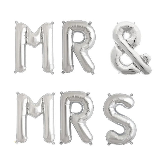 Set Baloane din Folie Metalizata, Flippy, Figurine Litere, Model MR&MRS, Tema Nunta, 40 cm, Baloane Party, Ambalaj Individual, Pai inclus, Umflare cu Aer sau Heliu, Argintiu