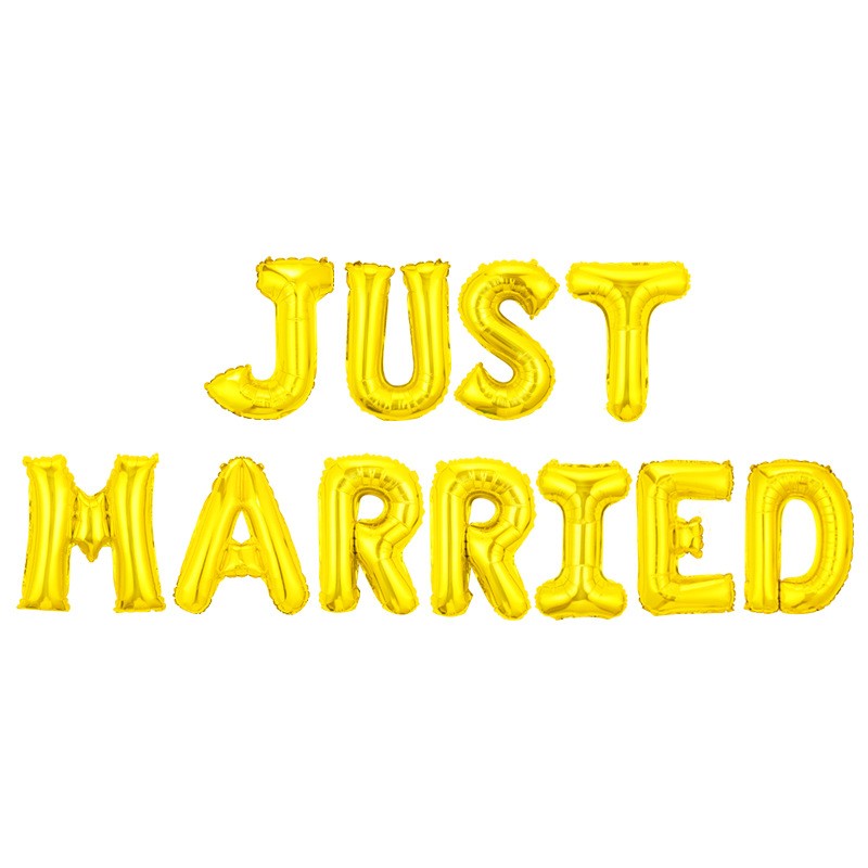 Set Baloane din Folie Metalizata, Flippy, Model Just Married, Litere de 40 cm, Baloane Party, Ambalaj Individual, Pai, Ata si Adeziv Incluse, Umflare cu Aer sau Heliu, Auriu