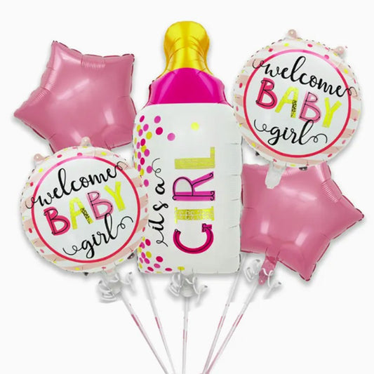 Baloane decorative GENDER REVEAL PARTY, Flippy, Figurina Sticla, Model IT'S A GIRL, Set din 5 baloane, 40 x 77 cm, pentru Botez, Roz