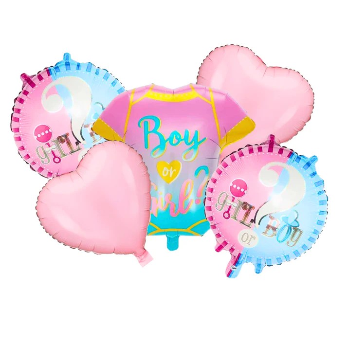 Baloane pentru GENDER REVEAL, Flippy, Model Petrecere, Set din 5 bucati, din folie de aluminiu, 55 x 61.5 cm Roz Albastru
