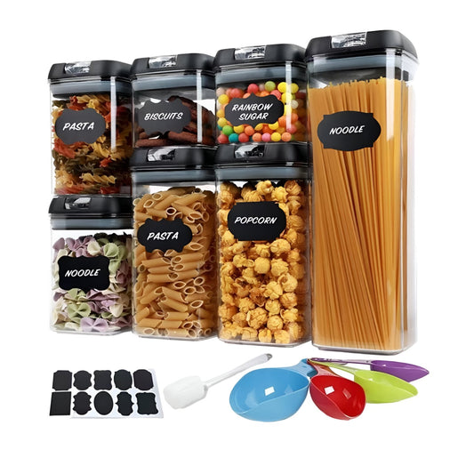 Set Cutii de Depozitare a Alimentelor, Flippy, 7 Recipiente, 10 Etichete Reutilizabile, 4 Linguri, pentru Bucatarie, Spatula, Etansare, Fara BPA, Transparente, Capac Negru