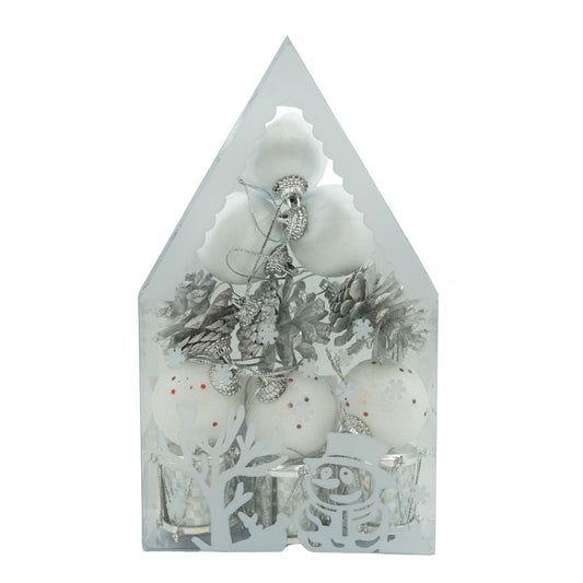 Set de 12 ornamente de brad, Flippy, de tip Glob, Alb/ Argintiu, din polistiren, cu finisaj sclipitor , cutie  4  cm adancime x 20  cm inaltime x 12  cm lungime)