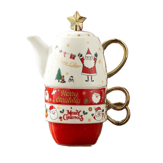 Set de Ceai, Flippy, Tema Craciun, Ceainic 450 ml, 2 x Cani 250 ml, din Ceramica, Model Mos Craciun/Santa Claus, Alb/Rosu