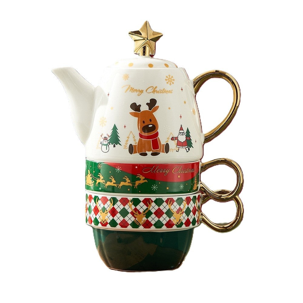 Set de Ceai, Flippy, Tema Craciun, Ceainic 450 ml, 2 x Cani 250 ml, din Ceramica, Model Ren Merry Christmas, Alb/Verde