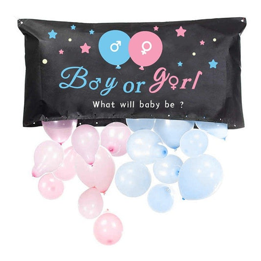 Set Gender Reveal, Flippy, Balloon Drop Bag, din Plastic si Latex, 24 Baloane Roz si Albastru 13 cm, Sac pentru Baloane 60 x 120 cm, Multicolor