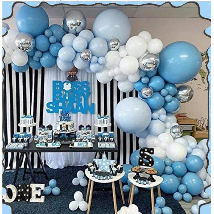 Baloane decorative Arcada, pentru Baieti, BABY SHOWER, Flippy, Arcada Baby BOSS, Set din 154 baloane, Model Petrecere, Baloane Party, 12 cm, 30 cm, 45 cm, Albastru, Bleu, Alb, Argitiu