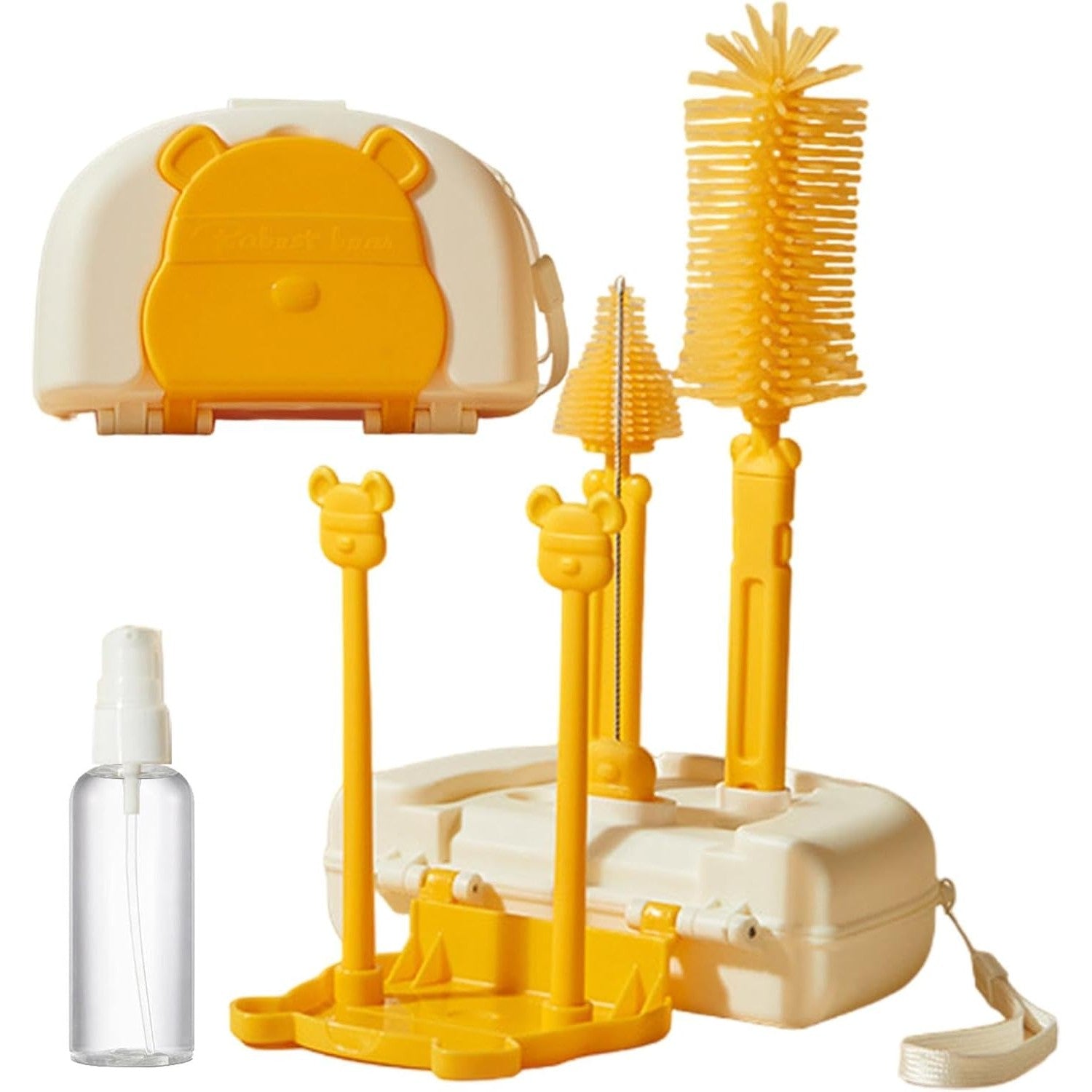 Set 7 Piese de Spalat/Uscat Biberoane, Flippy, Portabil, Peri de Silicon, pentru Tetine, Suzete, Biberoane, Paie, Cutie Inclusa, 16 x 11 x 5 cm, Model Ursulet, Galben