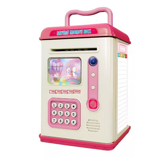 Set Pusculita pentru Copii, Flippy, Tip ATM, Parola cu Amprenta, 13.5 x 11.5 x 20 cm, Roz