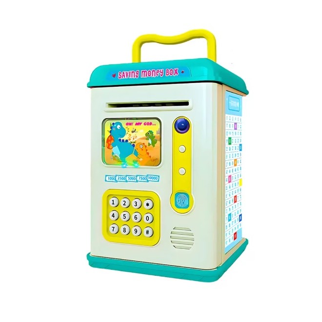 Set Pusculita pentru Copii, Flippy, Tip ATM, Parola cu Amprenta, 13.5 x 11.5 x 20 cm, Albastru