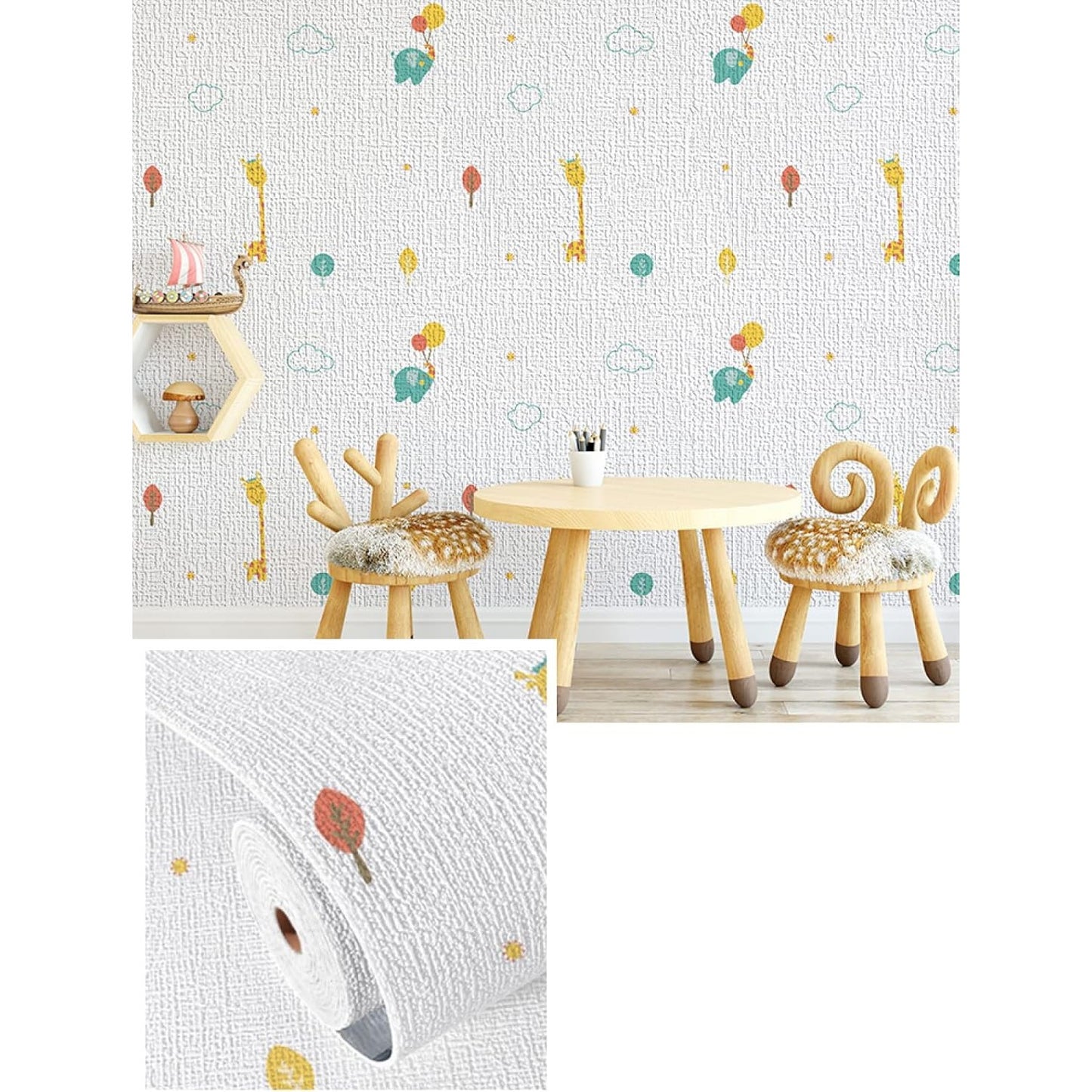 Rola Autoadeziva pentru Perete, Flippy, din Panza, 10 m, Rezistenta la Umezeala, 2.5 mm Grosime, Model Girafa si Elefant, Multicolor