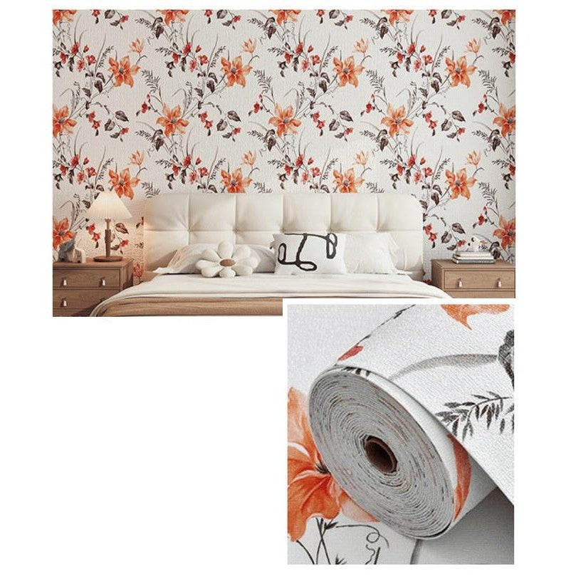 Rola Autoadeziva pentru Perete, Flippy, din Panza, 10 m, Rezistenta la Umezeala, 2.5 mm Grosime, Model Flori, Portocaliu