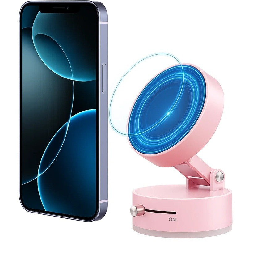 Suport Magnetic Auto pentru Telefon, Flippy, cu Ventuza, Pliabil și Retractabil, Fixare prin Vid și Magnet, Rotativ 360°, Roz