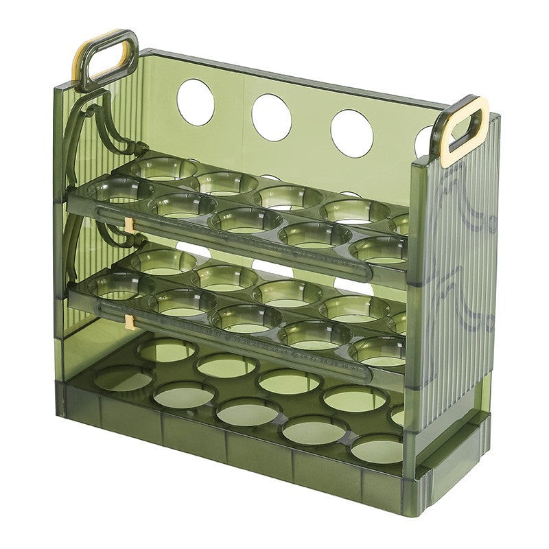 Suport Organizator pentru Oua, Flippy, pentru Frigider, Verde transparent, Capacitate 30 oua, Trei straturi, cu Data de Expirare, 25.5x10x23 cm
