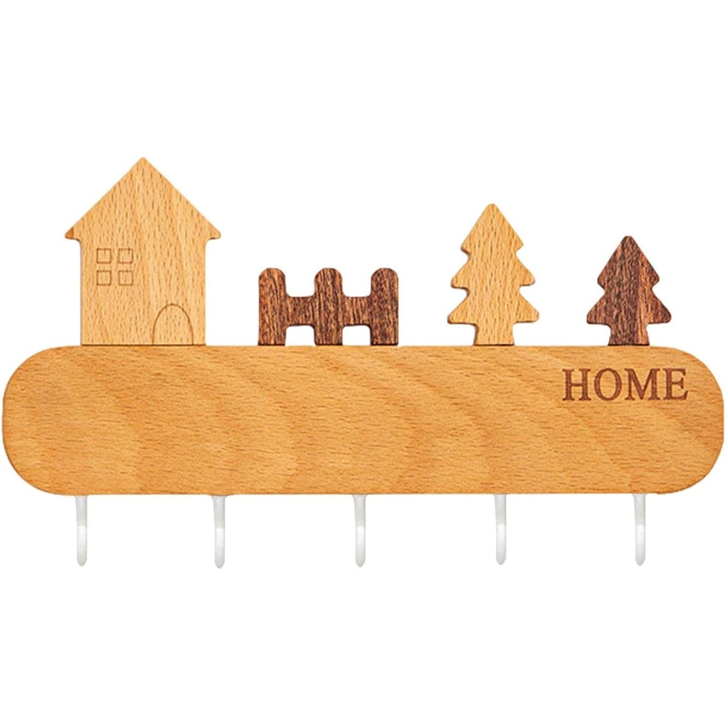 Suport pentru Chei, Flippy, din Lemn, Aplicare fara Perforare, Adeziv Inclus, 5 Carlige Albe, Model Casuta, Greutate Suportata 5 kg, 13.5 x 23 cm, Maro