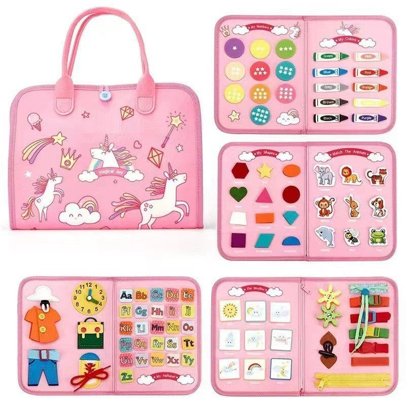 Carte Senzoriala Educativa Montessori, Flippy, Dezvoltare Abilitati Motorii, 5 Pagini, Model Unicorni, 28x22x7 cm, Roz