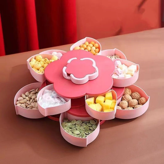 Tava pentru Servire, Flippy, pentru Fructe / Legume / Snackuri, cu Sertare, Deschidere Rotativa, pe 2 Straturi, in Forma de Floare, 26 x 26 x 11.5 cm Roz