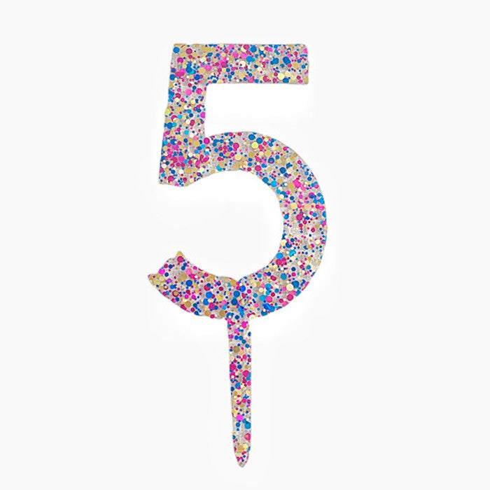 Decoratiune Topper pentru Tort, Flippy, din Acrilic cu Fulgi de Sclipici, Model Cifra 5, Inaltime 18.5 cm, Transparent Multicolor 