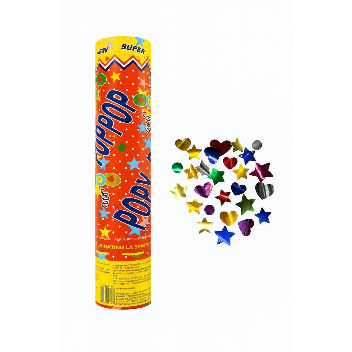 Tun de Confetti, Flippy, Party Popper 40 cm, Model Stelute, Inimioare, Paiete Lucioase, 3 cm Diametru, Multicolor