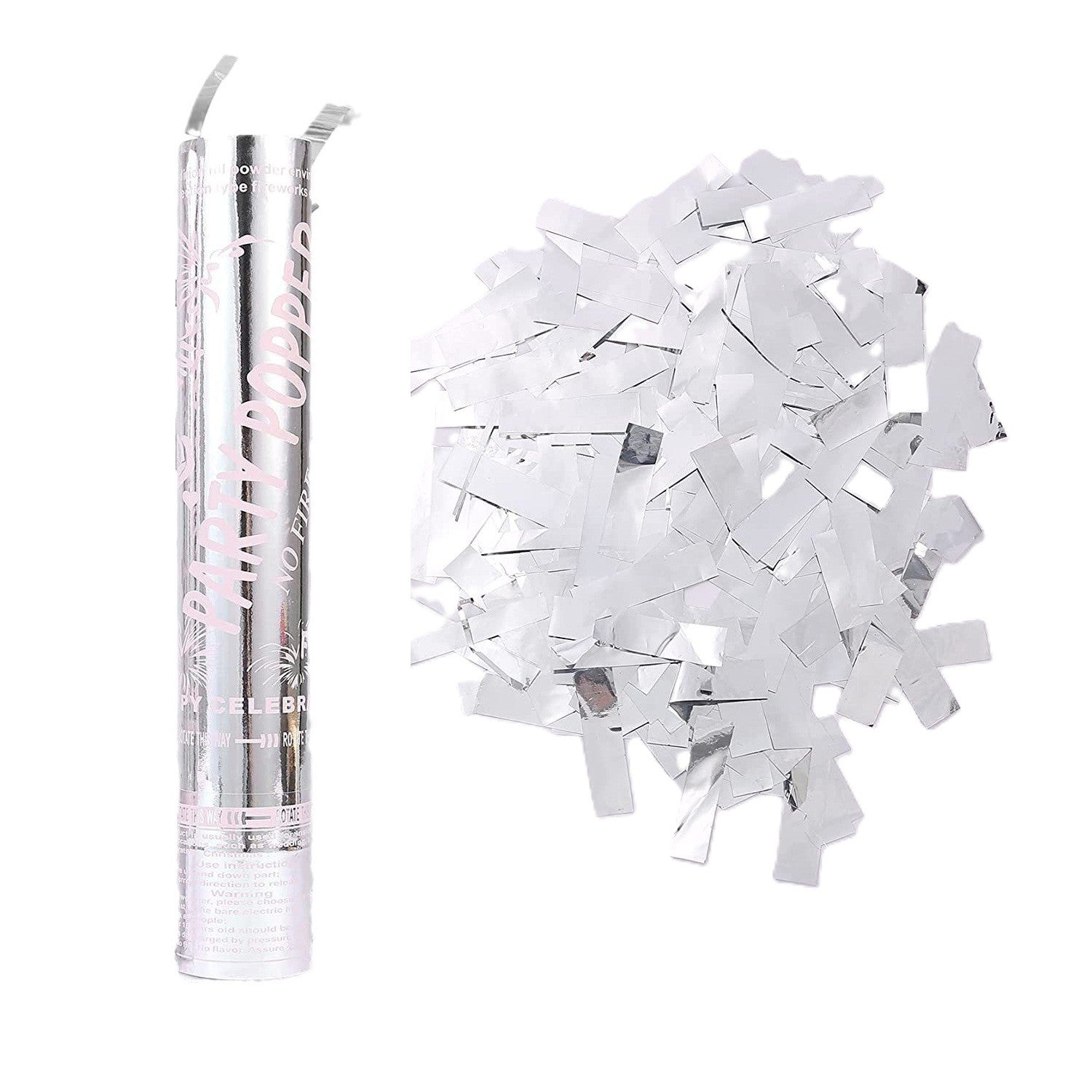 Tub de Confetti, Flippy, Party Popper, 30x5 cm, Confetii Lucioase Rezistente la Foc, Eliberare prin Rasucire, Argintiu