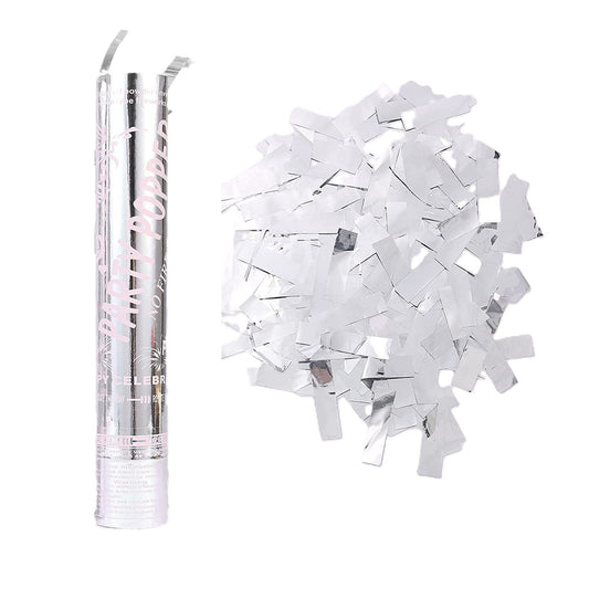 Tub de Confetti, Flippy, Party Popper, 30x5 cm, Confetii Lucioase Rezistente la Foc, Eliberare prin Rasucire, Argintiu