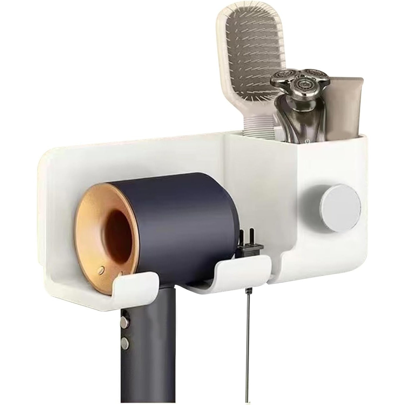 Suport de Baie, Flippy, pentru Uscator de Par, cu Organizator Dublu, din Plastic, Aplicare cu Suport Adeziv, 23 x 8.8 x 9.5 cm, Alb