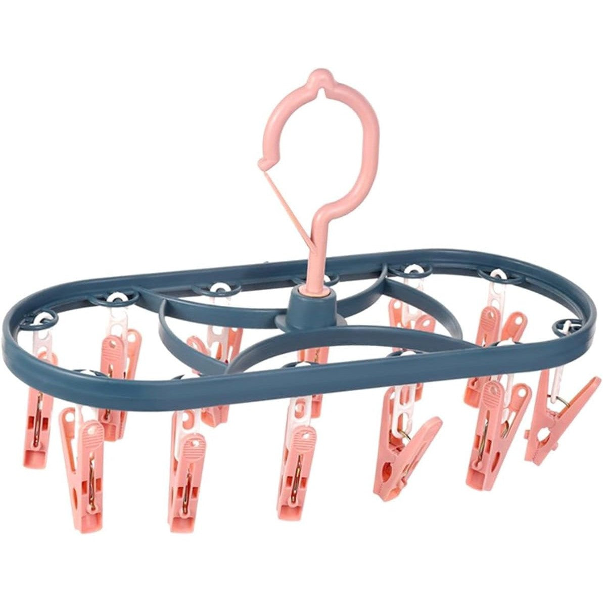 Uscator de Rufe Suspendat Flippy, cu 12 Carlige, Rotire 360 Grade, Protectie Vant, Mateiral Plastic, Usor de Depozitat, Multifunctional, 30 x 12.5 cm, Albastru/Roz