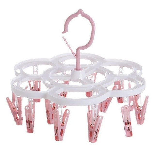 Uscator de Rufe Suspendat Flippy, cu 16 Carlige, Rotire 360 Grade, Mateiral Plastic, Usor de Depozitat, Multifunctional, 26 x 21 cm, Roz