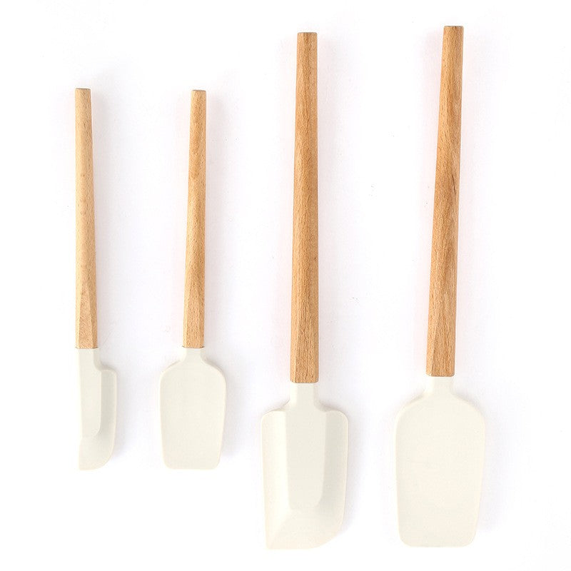 Ustensile de Bucatarie, Flippy, Set din 4 bucati, din Silicon si Lemn, Spatule de Diferite Dimensiuni, Termo rezistente, Antiaderente, Instrument de Amestecat in Bucatarie, Alb-Maro
