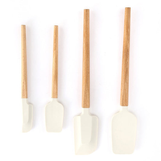 Ustensile de Bucatarie, Flippy, Set din 4 bucati, din Silicon si Lemn, Spatule de Diferite Dimensiuni, Termo rezistente, Antiaderente, Instrument de Amestecat in Bucatarie, Alb-Maro