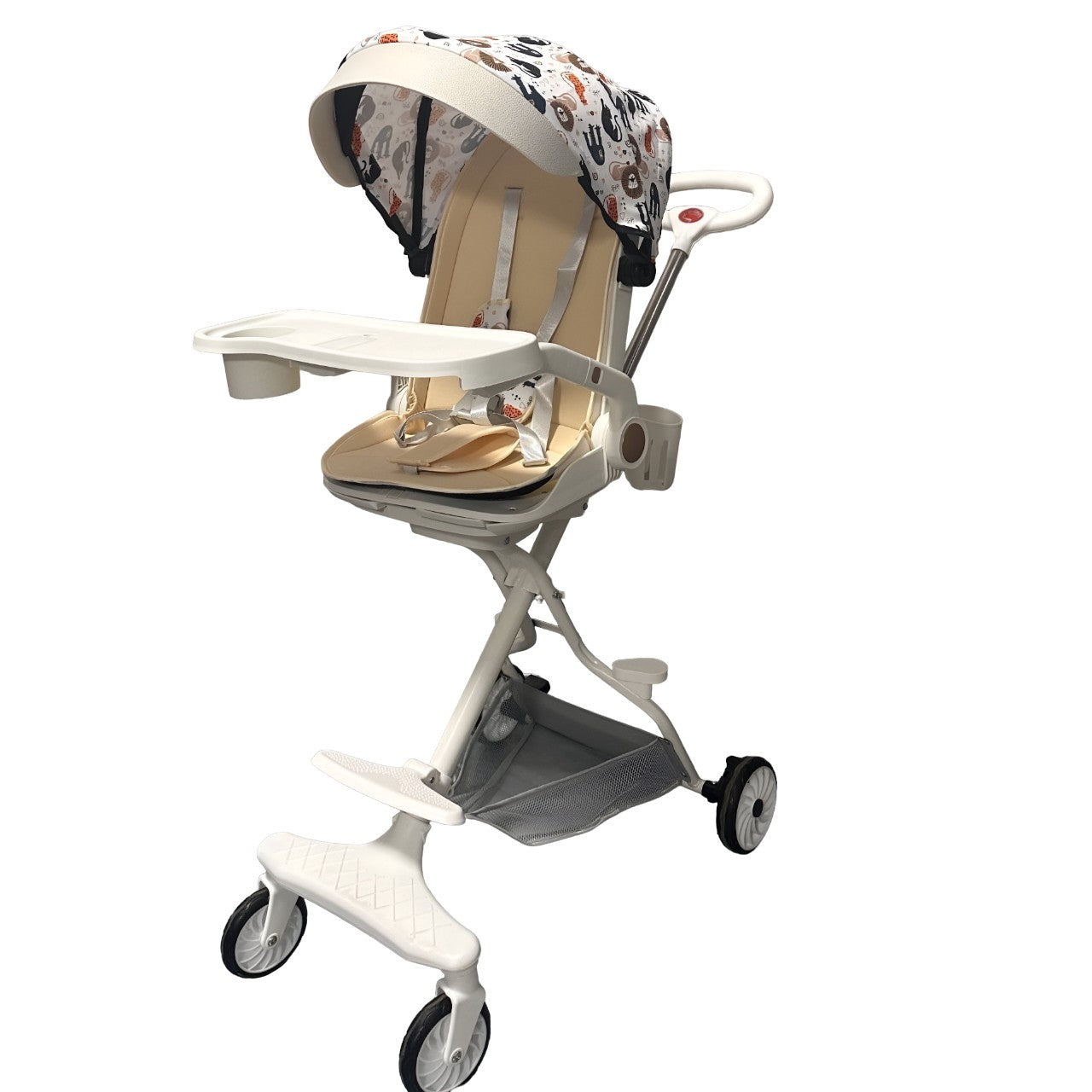 Carucior Sport Flippy 3in1, 6-36 Luni, Reversibil, Pliabil, Tavita pentru Masa, Pozitie de Somn, Centura de Siguranta, Roti 360, Suport Pahar, Copertina pentru Soare, 32x63x95cm, Crem Model Jungla
