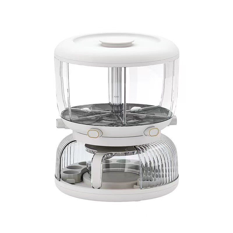 Dozator etajat de cereale Flippy, rotativ 360, 6 compartimente, capacitate 10L, cofrag special pentru oua, vas pentru scurgerea cerealelor, 35x27.5 cm, alb